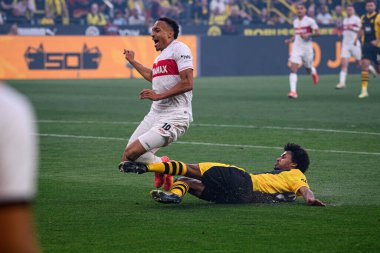 DORTMUND, GERMANY - 6 APRIL, 2024: Jamie Leweling, Karim Adeyemi, Bundesliga Borussia Dortmundh-Stuttgart maçı Signal Iduna Park 'ta