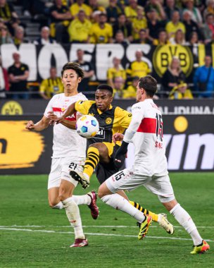 DORTMUND, GERMANY - 6 APRIL, 2024: Youssoufa Moukoko, Pascal Stenzel, Hiroki Ito, Bundesliga Borussia Dortmundh-Stuttgart maçı Signal Iduna Park 'ta