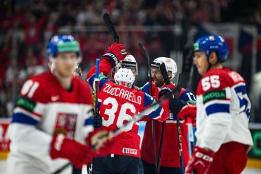 PRAG, CZECH REPUBLIC - 11 Mayıs 2024: IIHF 2024 Dünya Buz Hokeyi Şampiyonası Norveç 'e karşı O2 Arena' da