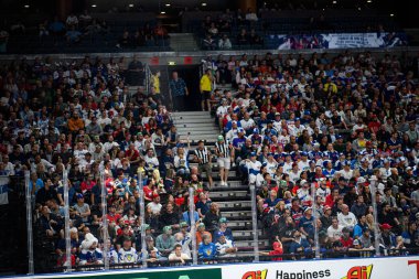 PRAG, CZECH Cumhuriyet - 20 Mayıs 2024: IIHF 2024 Buz Hokeyi Dünya Şampiyonası Finlandiya - O2 Arena 'da Danimarka