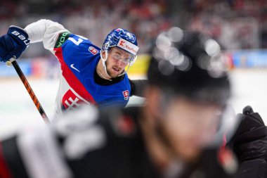 PRAG, CZECH Cumhuriyet - 23 MAYIS, 2024: maskot Bob. IIHF 2024 Buz Hokeyi Dünya Şampiyonası 'nda Kanada, Slovakya' ya karşı O2 Arena 'da