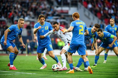 NUREMBERG, GERMANY - 3 Haziran 2024: Jamal Musiala, Max Morlock Stadyumu 'nda Alman-Ukrayna dostluk maçı