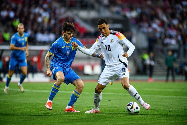 NUREMBERG, GERMANY - 3 JUNE, 2024: Jamal Musiala, The friendly football match German vs Ukraine at Max Morlock Stadium
