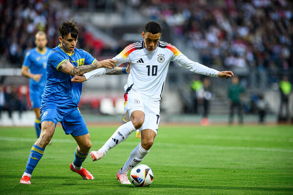 NUREMBERG, GERMANY - 3 JUNE, 2024: Jamal Musiala, The friendly football match German vs Ukraine at Max Morlock Stadium