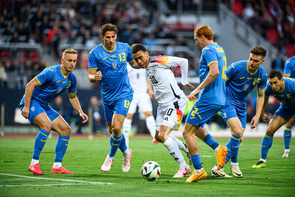 NUREMBERG, GERMANY - 3 JUNE, 2024: Jamal Musiala, The friendly football match German vs Ukraine at Max Morlock Stadium