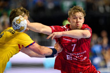 COLOGNE, GERMANY - 9 Haziran 2024: Thomas Sommer Arnoldsen Kamyon Öncüsü 24 EHF Finali 4. Aalborg Handbold, Lanxess Arena 'da Barca' ya karşı