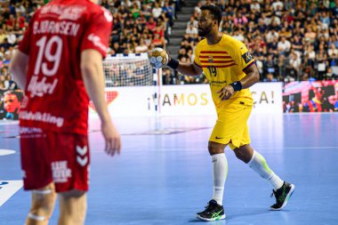 COLOGNE, GERMANY - 9 Haziran 2024: Timothey N 'Guessan, The final match of TruckScout24 EHF FINAL4 Aalborg Handbold - Lanxess Arena