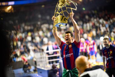 COLOGNE, GERMANY - 9 HAZİRAN 2024 Thiagus dos Santos, 24 EHF FINAL4 Aalborg Handbold, Lanxess Arena 'da Barca' ya karşı