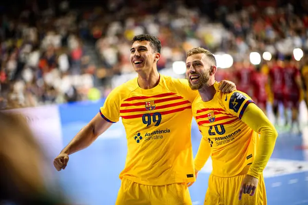 Stock image COLOGNE, GERMANY - 9 JUNE, 2024: Javier Rodriguez, Aleix Gomez The Final match of TruckScout24 EHF FINAL4 Aalborg Handbold vs Barca at Lanxess Arena