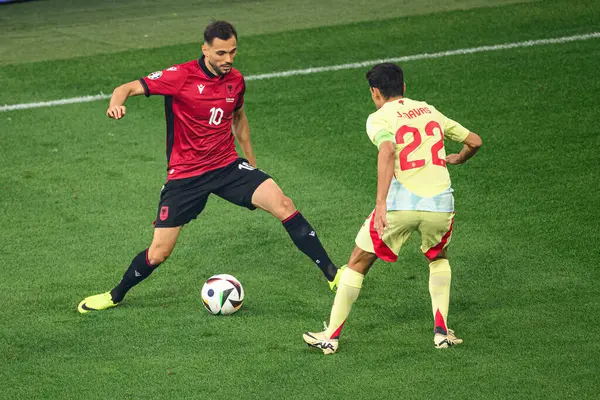 stock image DUESSELDORF, GERMANY - 25 JUNE, 2024: Nedim Bajrami, Jesus Navas, The football match of EURO 2024 Albania vs. Spain at Duesseldorf Arena