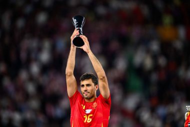 BERLİN, GERMANY - 14 Temmuz 2024: Rodri, Final EURO 2024 İspanya Olimpiyat Stadyumu 'nda İngiltere' ye karşı futbol maçı