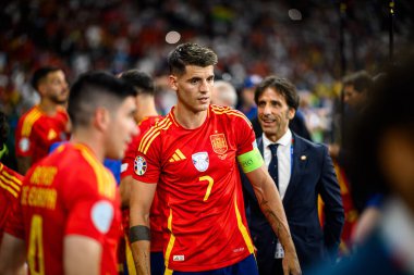 BERLİN, GERMANY - 14 Temmuz 2024: Alvaro Morata, Final EURO 2024 İspanya Olimpiyat Stadyumu 'nda İngiltere' ye karşı futbol maçı