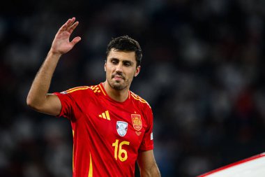 BERLİN, GERMANY - 14 Temmuz 2024: Rodri, Final EURO 2024 İspanya Olimpiyat Stadyumu 'nda İngiltere' ye karşı futbol maçı