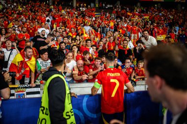 BERLİN, GERMANY - 14 Temmuz 2024: Alvaro Morata, Final EURO 2024 İspanya Olimpiyat Stadyumu 'nda İngiltere' ye karşı futbol maçı