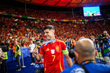 BERLİN, GERMANY - 14 Temmuz 2024: Alvaro Morata, Final EURO 2024 İspanya Olimpiyat Stadyumu 'nda İngiltere' ye karşı futbol maçı