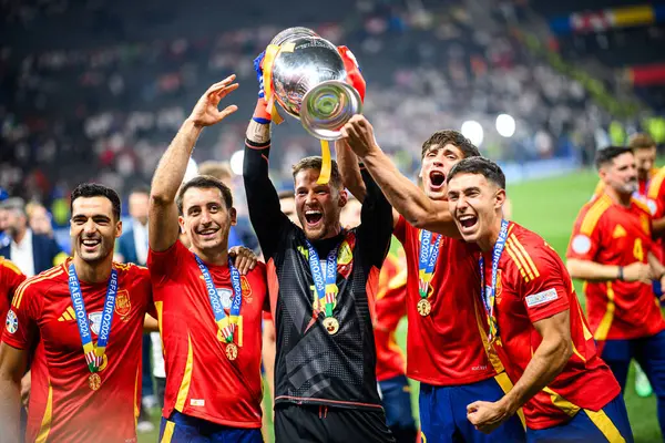 stock image BERLIN, GERMANY - 14 JULY, 2024: Mikel Oyarzabal, Alex Remiro, Robin Le Normand, Martin Zubimendi, The football match of Final EURO 2024 Spain vs England at Olympic Stadium