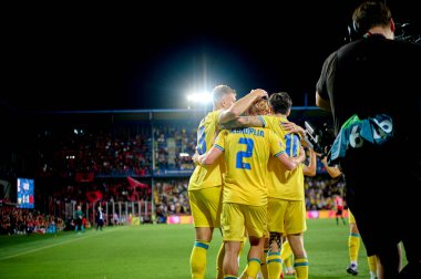 PRAG, CZECH REPUBLIC - 7 EPTEMBER, 2024: Volodymyr Brazhko, Yukhym Konoplia, Viktor Tsygankov, Roman Yaremchuk, UEFA Uluslar Ligi Ukrayna - Arnavutluk Epet Arena 'da
