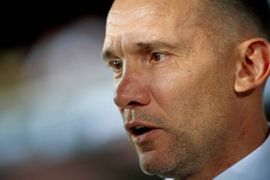 PRAG, CZECH Cumhuriyet - 7 Eylül 2024: Andrii Shevchenko, UEFA Uluslar Ligi Maçı Ukrayna - Arnavutluk Epet Arena 'da