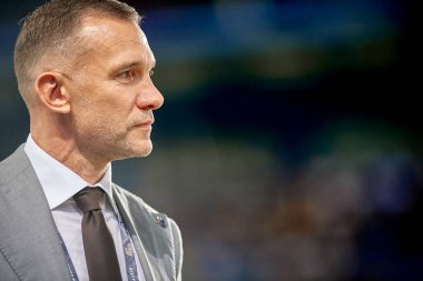 PRAG, CZECH Cumhuriyet - 7 Eylül 2024: Andrii Shevchenko, UEFA Uluslar Ligi Maçı Ukrayna - Arnavutluk Epet Arena 'da