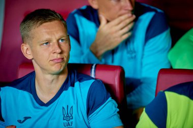 PRAG, CZECH Cumhuriyet - 7 Eylül 2024: Oleksandr Zinchenko, UEFA Uluslar Ligi Maçı Ukrayna - Arnavutluk Epet Arena 'da