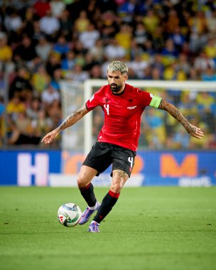 PRAG, CZECH Cumhuriyet - 7 Eylül 2024: Elseid Hysaj, UEFA Uluslar Ligi Ukrayna - Arnavutluk Epet Arena 'da