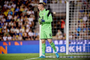 PRAG, CZECH Cumhuriyet - 7 Eylül 2024: Anatoliy Trubin, UEFA Uluslar Ligi Maçı Ukrayna - Arnavutluk Epet Arena 'da