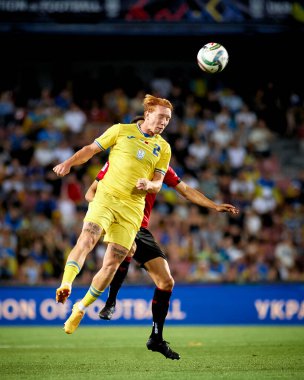 PRAG, CZECH Cumhuriyet - 7 Eylül 2024: Yukhym Konoplia, UEFA Uluslar Ligi Maçı Ukrayna - Arnavutluk Epet Arena 'da