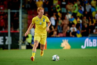 PRAG, CZECH Cumhuriyet - 7 Eylül 2024: Yukhym Konoplia, UEFA Uluslar Ligi Maçı Ukrayna - Arnavutluk Epet Arena 'da