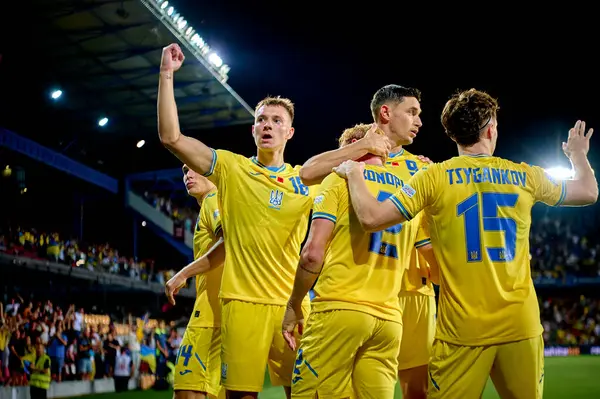 stock image PRAGUE, CZECH REPUBLIC - 7 SEPTEMBER, 2024: Volodymyr Brazhko, Yukhym Konoplia, Viktor Tsygankov, Roman Yaremchuk, The match of UEFA Nations League Ukraine - Albania at Epet Arena