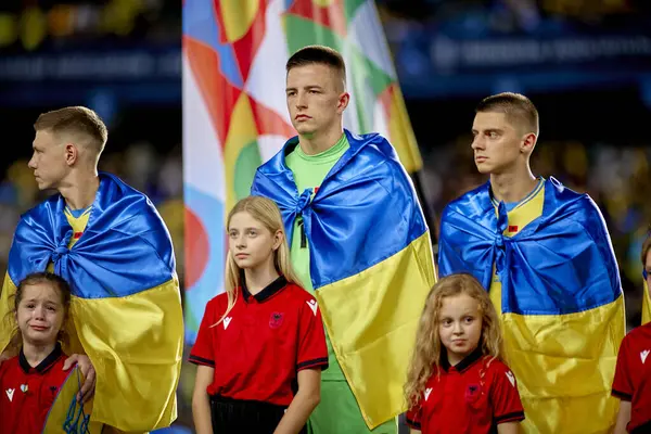 stock image PRAGUE, CZECH REPUBLIC - 7 SEPTEMBER, 2024: Mykola Matviyenko, Anatoliy Trubin, Vitaliy Mykolenko, The match of UEFA Nations League Ukraine - Albania at Epet Arena