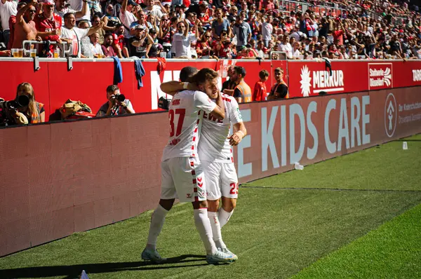 stock image DUESSELDORF, GERMANY - 21 SEPTEMBER, 2024: Linton Maina, Jan Thielmann, The football match of 2.Bundesliga Fortuna Duesseldorf vs. 1.FC Koeln at Mercur Spiel Arena