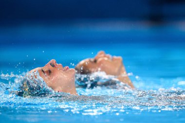 PARIS, FRANCE - 9 AUGust, 2024: BARSOUM Nadine, HIEKAL Hana, The Artistic Swimming, Duet, Technical Routine, Artistic Swimming, Duet, Technical Routine, Paris 2024 Sucul Merkezi Olimpiyat Oyunları