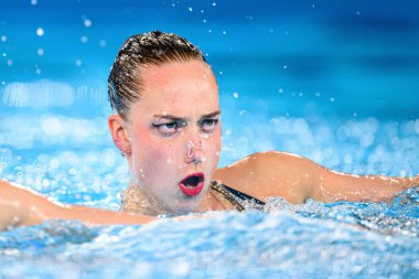 PARIS, FRANCE - 9 AUGust, 2024: ALEKSIIVA Maryna, ALEKSIIVA Vladyslava, The Artistic Swimming, Duet, Technical Routine, Artistic Swimming, Duet, Technical Routine, Paris 2024 Olimpiyat Oyunları