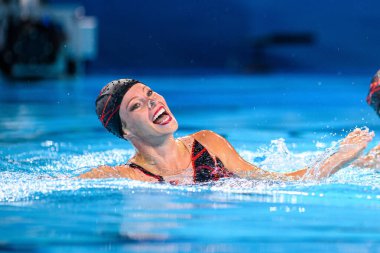 PARIS, FRANCE - 9 AUGust, 2024: LAMOTHE Audrey, SIMONEAU Jacqueline, The Artistic Swimming, Duet, Technical Routine, Artistic Swimming, Duet, Technical Routine, Paris 2024 Sucul Merkezi Olimpiyat Oyunları