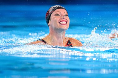 PARIS, FRANCE - 9 AUGust, 2024: LAMOTHE Audrey, SIMONEAU Jacqueline, The Artistic Swimming, Duet, Technical Routine, Artistic Swimming, Duet, Technical Routine, Paris 2024 Sucul Merkezi Olimpiyat Oyunları