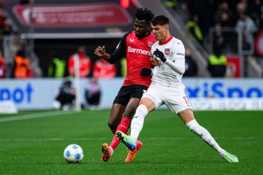 LEVERKUSEN, ALMANY - 23 Kasım 2024: Mathias Honsak, Edmond Tapsoba, Bundesliga, 11. gün. Bayer Leverkusen 1 'e karşı. FC Heidenheim Bayarena 'da