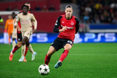 LEVERKUSEN, GERMANY - 26 Kasım 2024: Artem Stepanov, UEFA Şampiyonlar Ligi FC Bayer 04 Leverkusen-Red Bull Salzburg maçı Bayena 'da