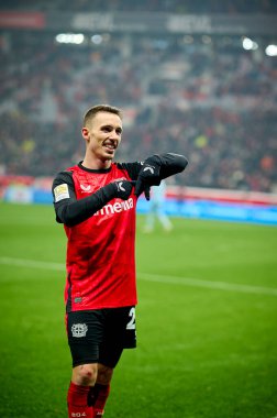 LEVERKUSEN, GERMANY - 14 HAZİRAN, 2025: Alejandro Grimaldo, Bundesliga maçı FC Bayer 04 Leverkusen 1 'e karşı. Bayarena 'da FSV Mainz 05. Sadece yazı işleri için. Satmak veya dağıtmak yasaktır.