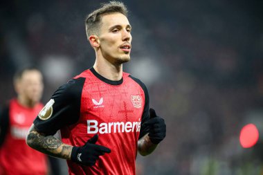 LEVERKUSEN, GERMANY - 5 Şubat 2025: Alejandro Grimaldo - Almanya Kupası (DFB Pokal) Bayer 04 Leverkusen, Bayarena 'da 1.FC Koeln' e karşı.
