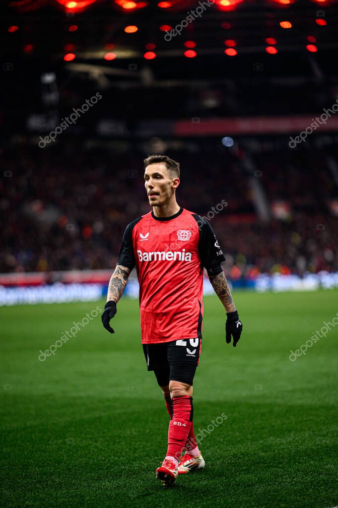 LEVERKUSEN, GERMANY - 15 FEBRUARY, 2025: Alejandro Grimaldo, The Bundesliga match FC Bayer 04 Leverkusen vs FC Bayern Muenchen at BayArena