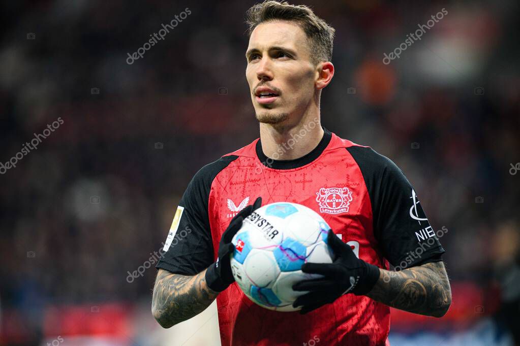 LEVERKUSEN, GERMANY - 15 FEBRUARY, 2025: Alejandro Grimaldo, The Bundesliga match FC Bayer 04 Leverkusen vs FC Bayern Muenchen at BayArena