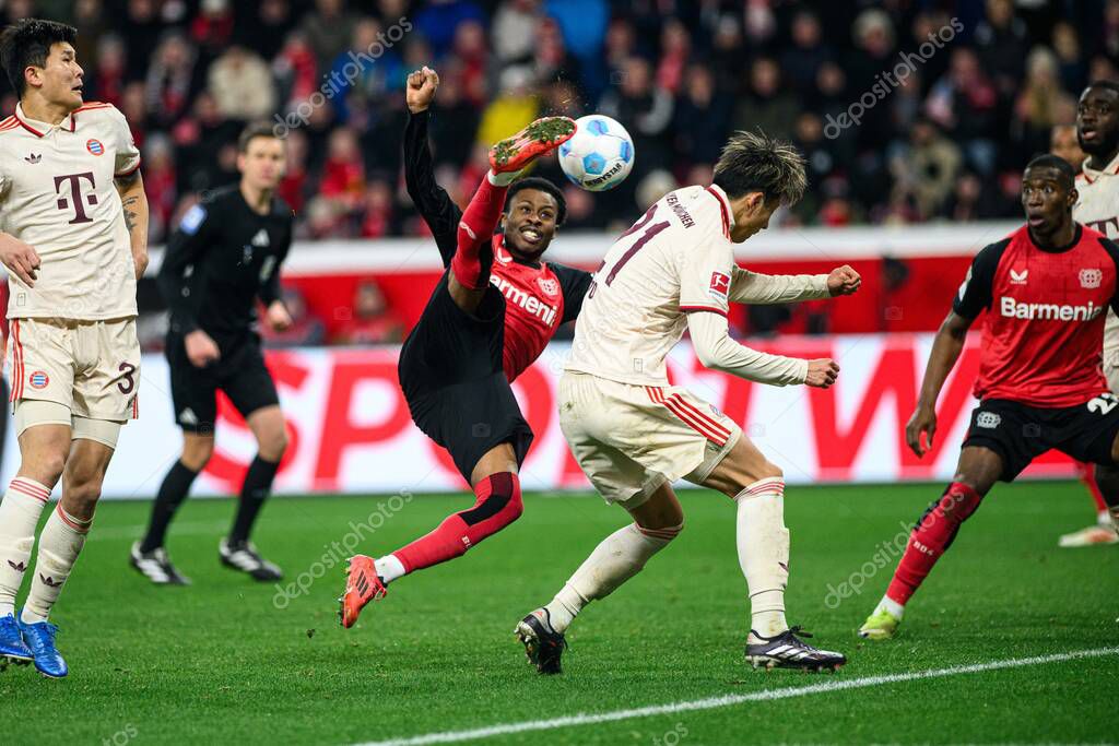 LEVERKUSEN, GERMANY - 15 FEBRUARY, 2025: Nathan Tella, The Bundesliga match FC Bayer 04 Leverkusen vs FC Bayern Muenchen at BayArena