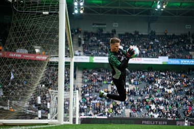 MOENCHENGLADBACH, GERMANY - 22 Şubat 2025: Jonas Omlin - Bundesliga Borussia Moenchengladbach FC Augsburg 'a karşı Borussia Park' ta oynanan futbol maçı.
