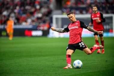 LEVERKUSEN, ALMANY - 8 Mart 2025: Alejandro Grimaldo - Bundesliga, maç 25. Bayer Leverkusen, Bayarena 'da Werder Bremen' e karşı.