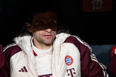 LEVERKUSEN, GERMANY - 11 Mart 2025: Thomas Müller - Bayena 'da Bayer 04 Leverkusen FC Bayern Münih arasındaki UEFA Şampiyonlar Ligi futbol maçı.