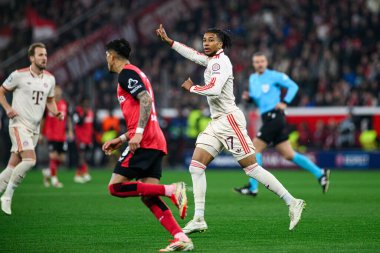 LEVERKUSEN, GERMANY - 11 Mart 2025: Michael Olise - Bayena 'da Bayer 04 Leverkusen FC Bayern Münih' e karşı UEFA Şampiyonlar Ligi futbol maçı.