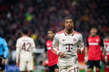LEVERKUSEN, GERMANY - 11 Mart 2025: Michael Olise - Bayena 'da Bayer 04 Leverkusen FC Bayern Münih' e karşı UEFA Şampiyonlar Ligi futbol maçı.