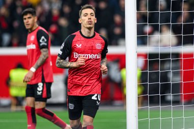 LEVERKUSEN, GERMANY - 11 Mart 2025: Alejandro Grimaldo - Bayer 04 Leverkusen ile Bayarena 'da FC Bayern Münih arasındaki UEFA Şampiyonlar Ligi maçı.