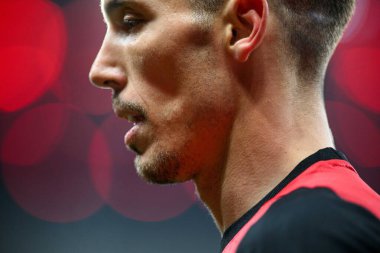 LEVERKUSEN, GERMANY - 11 Mart 2025: Alejandro Grimaldo - Bayer 04 Leverkusen ile Bayarena 'da FC Bayern Münih arasındaki UEFA Şampiyonlar Ligi maçı.