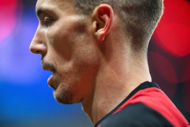 LEVERKUSEN, GERMANY - 11 Mart 2025: Alejandro Grimaldo - Bayer 04 Leverkusen ile Bayarena 'da FC Bayern Münih arasındaki UEFA Şampiyonlar Ligi maçı.